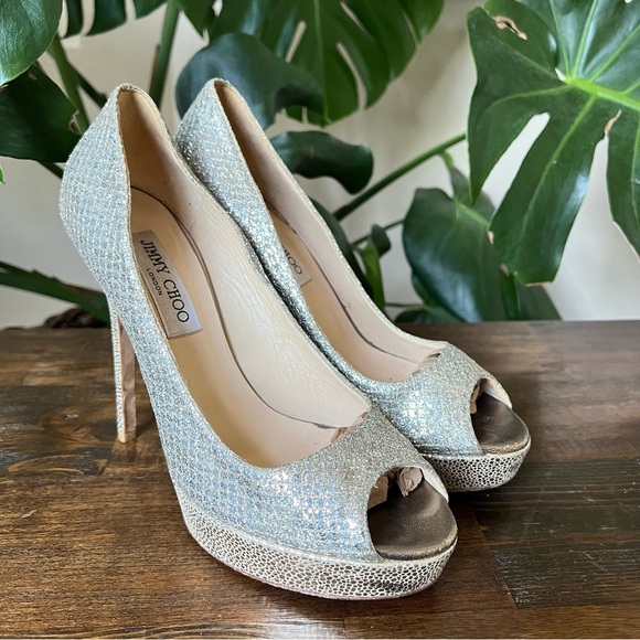 Jimmy Choo Luna Glitter Peep Toe Platform High Heel Pumps EU38.5 US8.5 - Picture 5 of 17